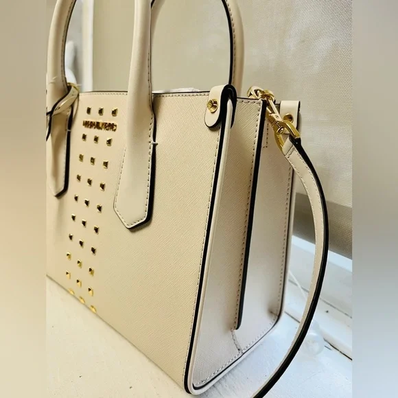 Michael Kors Maple Studded Satchel Crossbody Cream Leather NWT